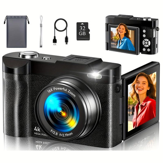 4K Digital Camera for Photography Autofocus, 50MP Vlogging Camera for Youtube with 32GB Card and 180° Flip Screen, 16X Zoom and 1500Mah Rechargeable Battery, Shoot Camera for Teens & Beginners (Black)