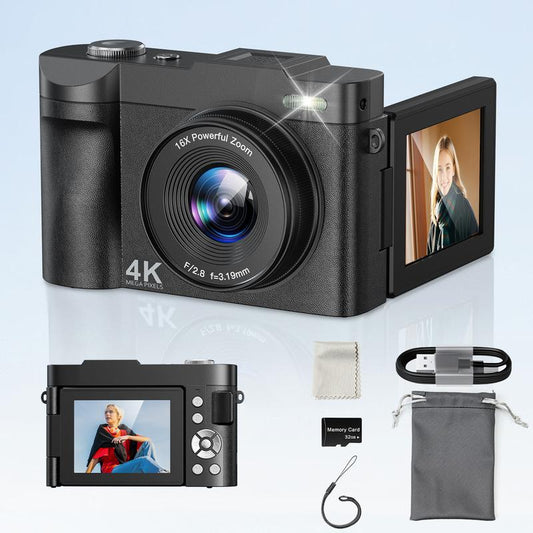 4K Digital Camera for Photography Autofocus, 50MP Vlogging Camera for Youtube with 32GB Card and 180° Flip Screen, 16X Zoom and 1500Mah Rechargeable Battery, Shoot Camera for Teens & Beginners (Black)