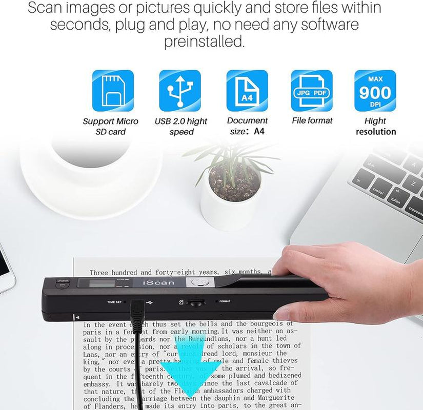 Portable Scanner, Photo Scanner for A4 Documents, with 16G SD Card,Handheld Scanner for Business, Photo, Picture, Receipts, Books, JPG/PDF Format Selection, up to 900 DPI